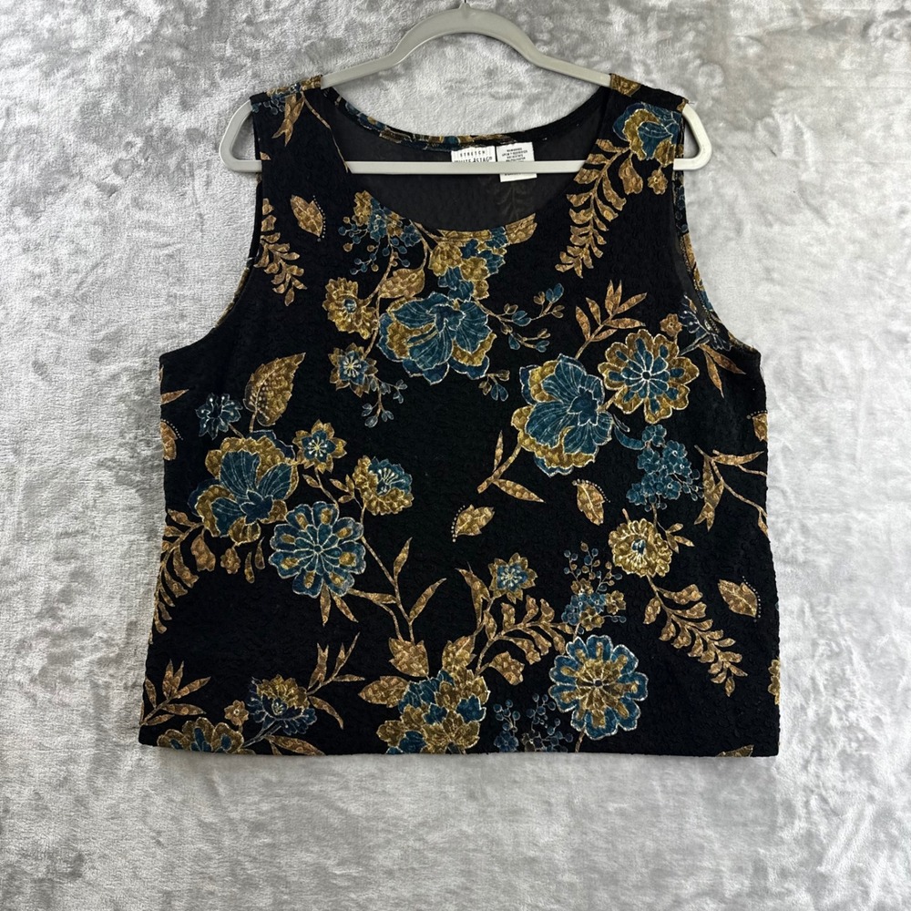White Stag Tank Top Women XL Black Floral Gold Blue Metallic Stretch (1771)